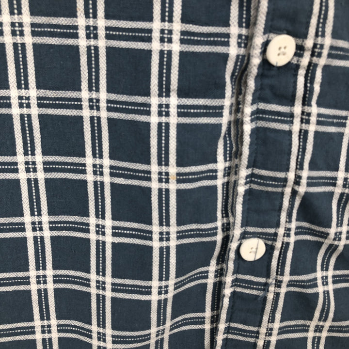 STACY ADAMS Check Pattern Short-Sleeve Open Collar Linen Shirt, Boxy Shirt, Men's Size XL (approx.) linen blue type Vintage Second Hand