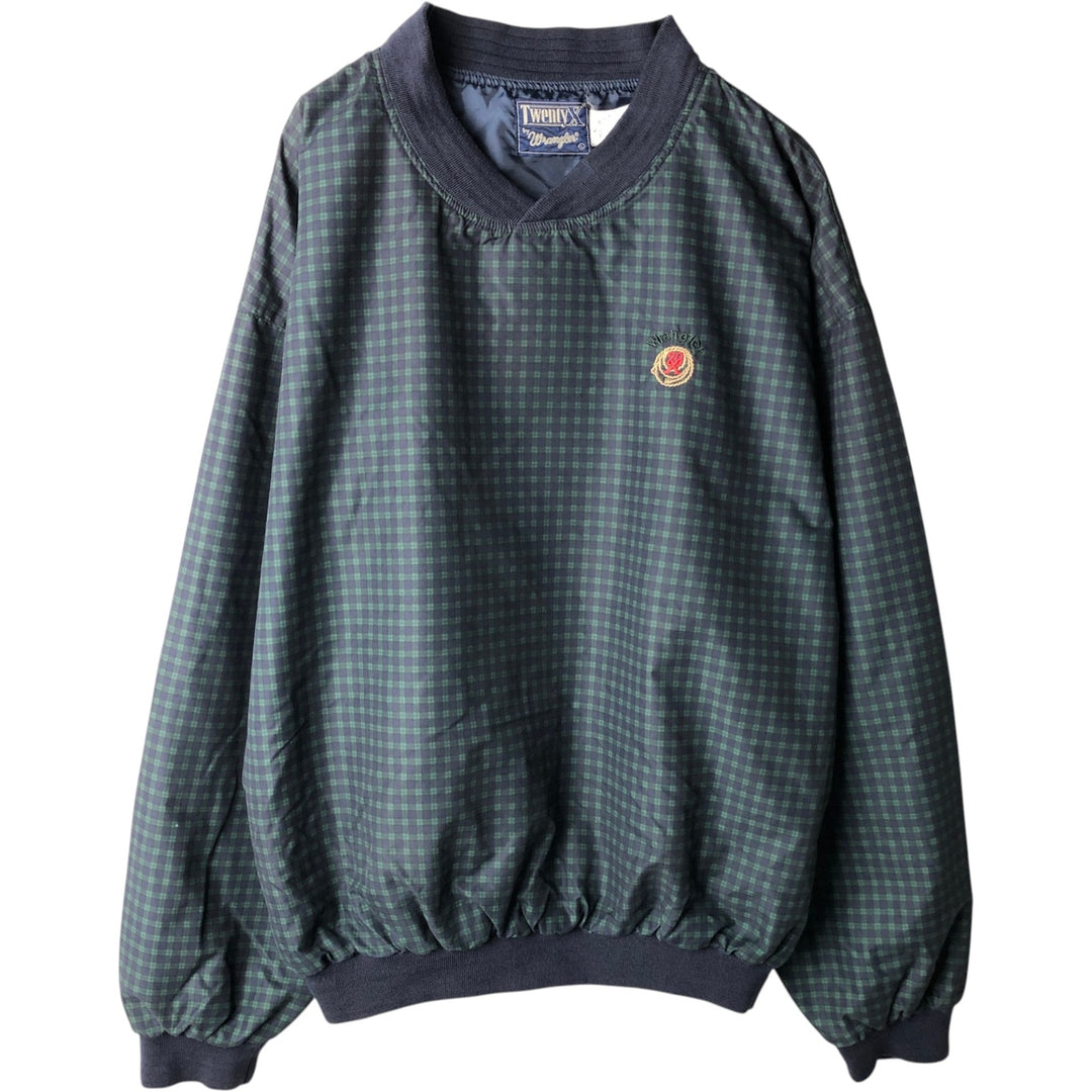 Wrangler Twenty X Check Pattern V-Neck Blackwatch Check Warm-Up Pullover (Men's Size L equivalent) polyester navy blue type Vintage Second Hand