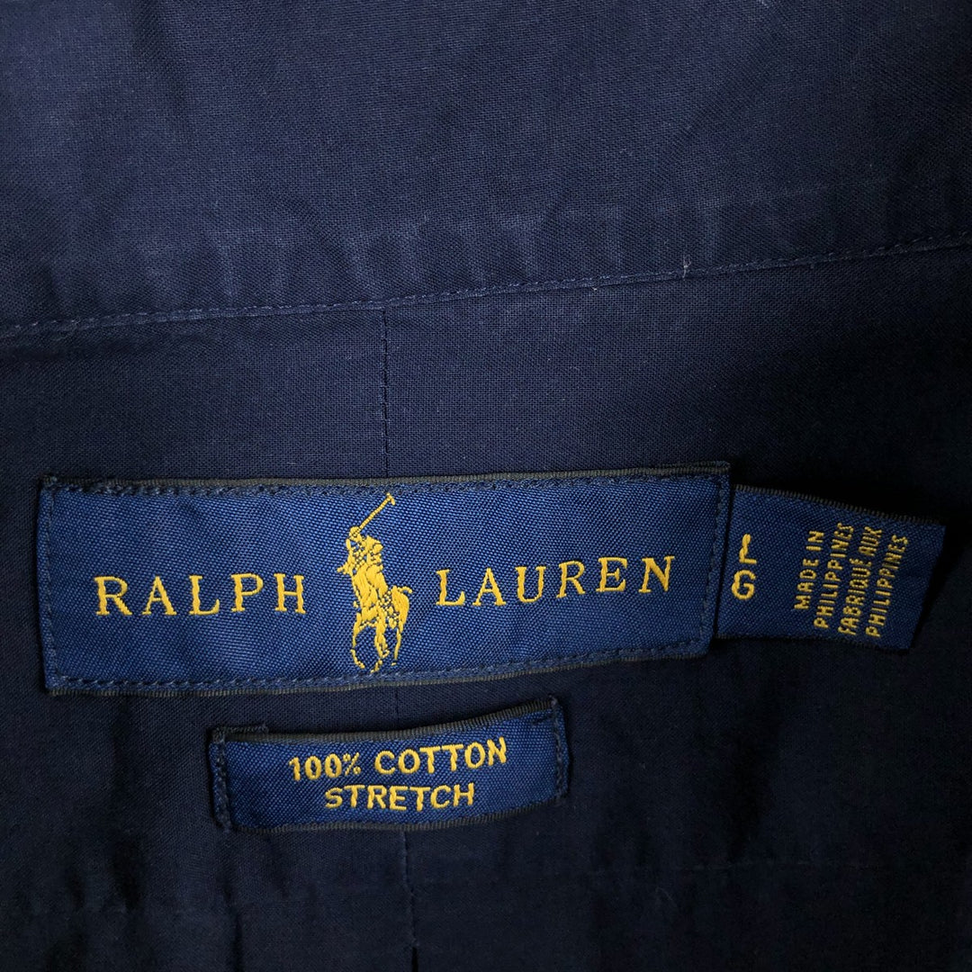 Ralph Lauren STRETCH Long-Sleeve Button-Down Shirt, Men's Size L (approx.) cotton navy blue type Vintage Second Hand