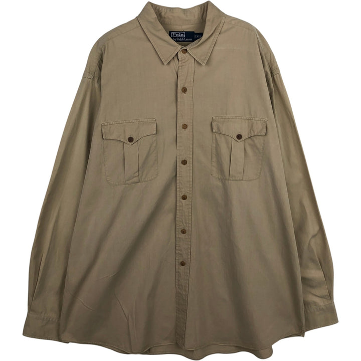 Ralph Lauren POLO by Ralph Lauren Long-Sleeve Cotton x Silk Shirt, Men's Size XXL (approx.) cotton beige type brown Vintage Second Hand
