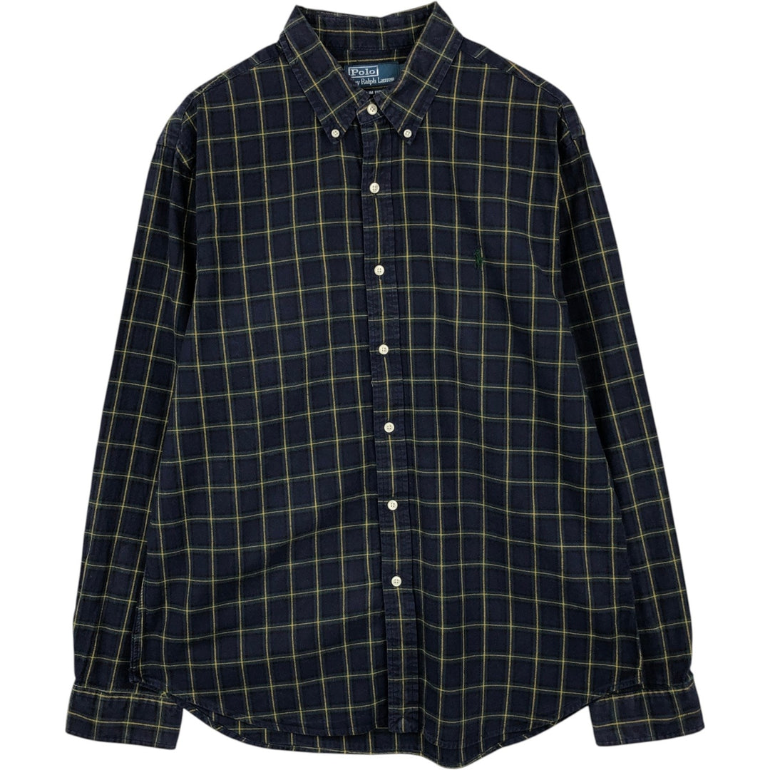 Ralph Lauren POLO by Ralph Lauren Slim Fit Long-Sleeve Button-Down Check Shirt, Men's Size XL (approx.) cotton navy blue type Vintage Second Hand