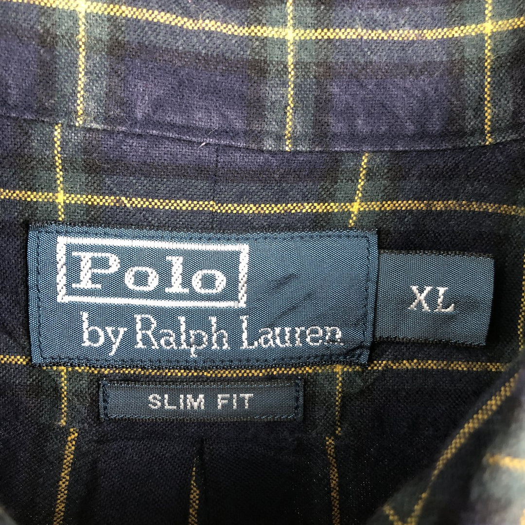 Ralph Lauren POLO by Ralph Lauren Slim Fit Long-Sleeve Button-Down Check Shirt, Men's Size XL (approx.) cotton navy blue type Vintage Second Hand