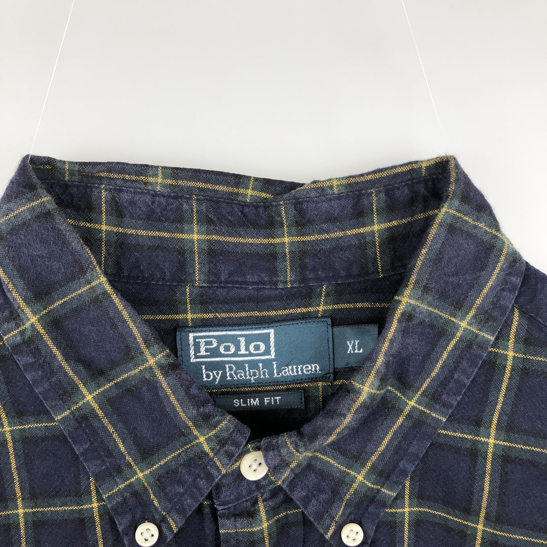 Ralph Lauren POLO by Ralph Lauren Slim Fit Long-Sleeve Button-Down Check Shirt, Men's Size XL (approx.) cotton navy blue type Vintage Second Hand