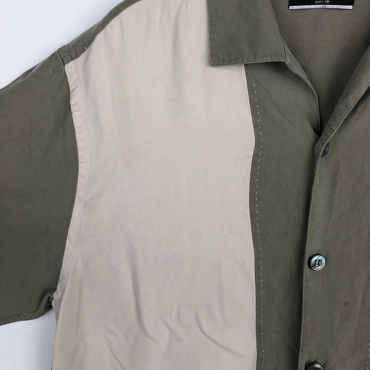 BRANDINI Two-Tone Short-Sleeve Open-Collar Silk Shirt, Boxy Fit, Men's Size M silk green type Vintage Second Hand