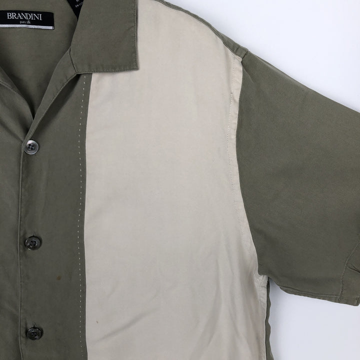 BRANDINI Two-Tone Short-Sleeve Open-Collar Silk Shirt, Boxy Fit, Men's Size M silk green type Vintage Second Hand
