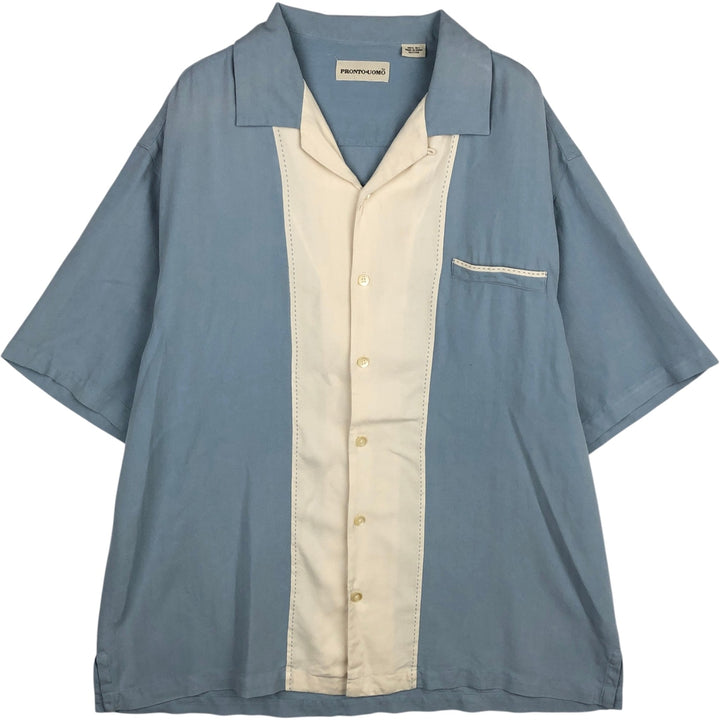 PRONTO UOMO Two-tone Short-Sleeve Open-Collar Silk Shirt, Boxy Fit, Men's Size L (approx.) silk Blue type light blue Vintage Second Hand