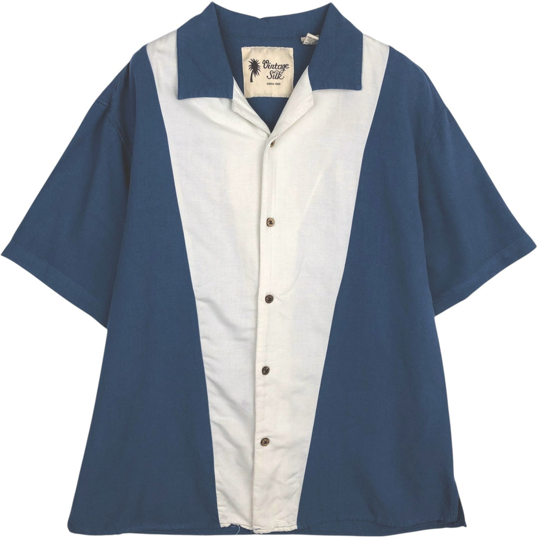 Vintage Silk Two-Tone Short Sleeve Open Collar Silk Shirt, Men's Size L silk blue type Vintage Second Hand