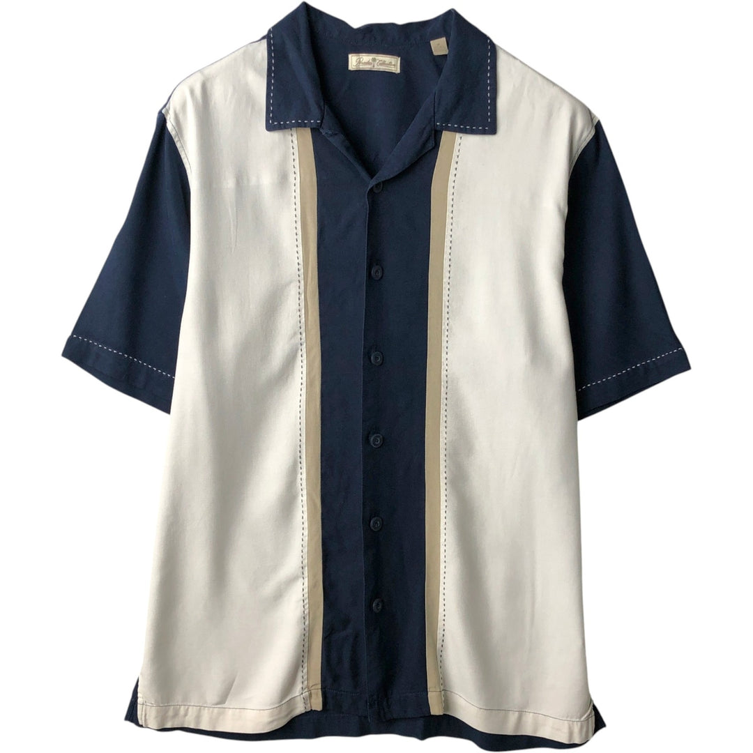 Paradise Collection Short-Sleeve Two-Tone Shirt, Men's Size M (Equivalent), Open Collar, Boxy Shirt silk navy blue type Vintage Second Hand
