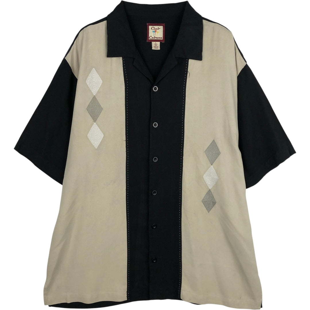 Club Cabana Diamond Pattern Two-Tone Short-Sleeve Open Collar Silk Shirt, Boxy Shirt, Men's Size L (approx.) silk black type Vintage Second Hand