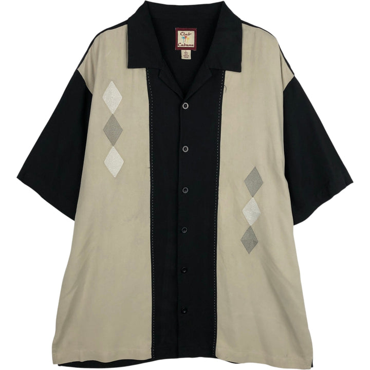 Club Cabana Diamond Pattern Two-Tone Short-Sleeve Open Collar Silk Shirt, Boxy Shirt, Men's Size L (approx.) silk black type Vintage Second Hand