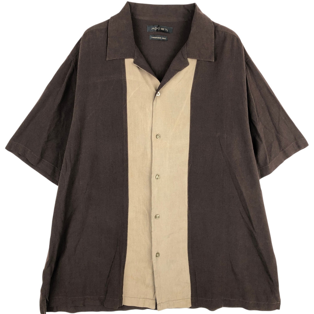 AXIST Two-Tone Short-Sleeve Open-Collar Silk Shirt, Boxy Fit, Men's Size XL (approx.) silk brown type Vintage Second Hand