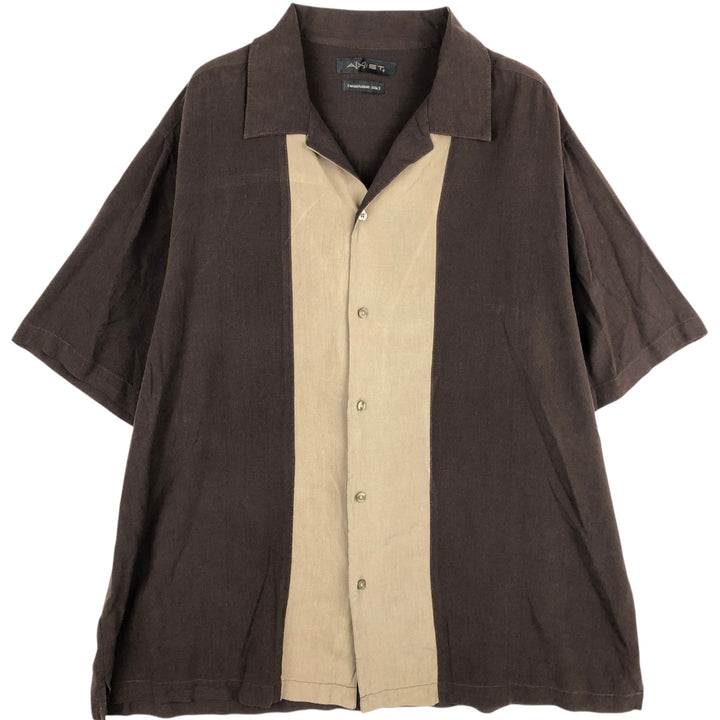 AXIST Two-Tone Short-Sleeve Open-Collar Silk Shirt, Boxy Fit, Men's Size XL (approx.) silk brown type Vintage Second Hand