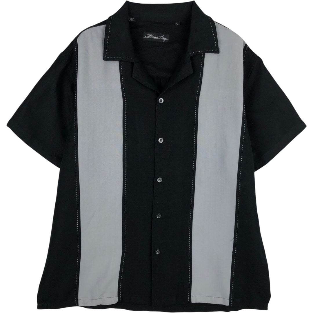 Milano Bay Two-Tone Short-Sleeve Open-Collar Rayon Shirt, Boxy Fit, Men's Size L (approx.) Rayon black type Vintage Second Hand