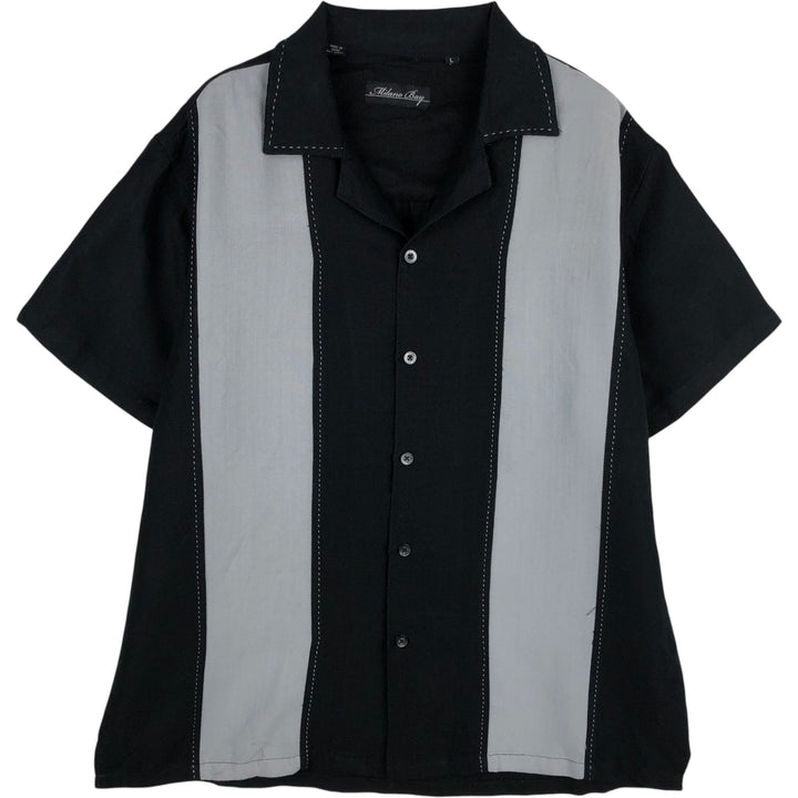 Milano Bay Two-Tone Short-Sleeve Open-Collar Rayon Shirt, Boxy Fit, Men's Size L (approx.) Rayon black type Vintage Second Hand