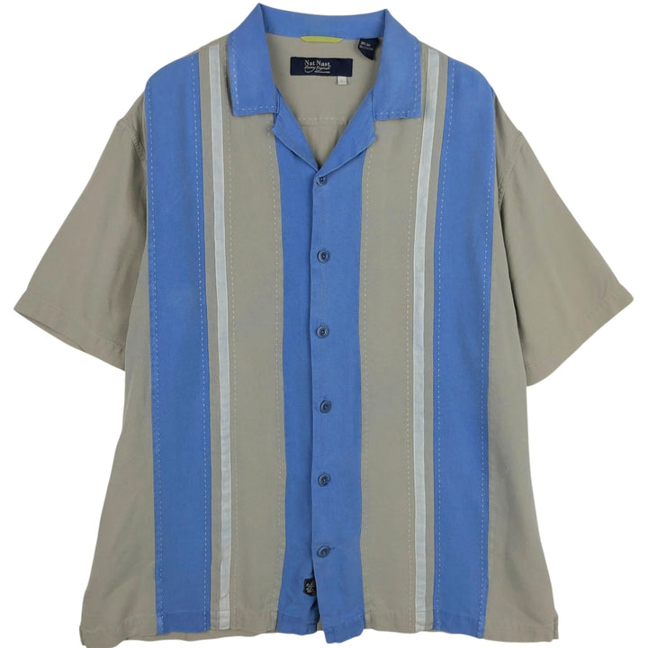 90'S Nat Nast two-tone short-sleeved open-collar silk box shirt, men's size L, vintage silk blue type Vintage Second Hand