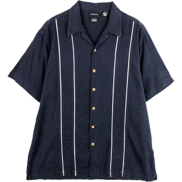 2000s- HAGGAR Two-tone Short-sleeved Open-collar Linen x Rayon Box Shirt, Men's XL equivalent. linen navy blue type Vintage Second Hand