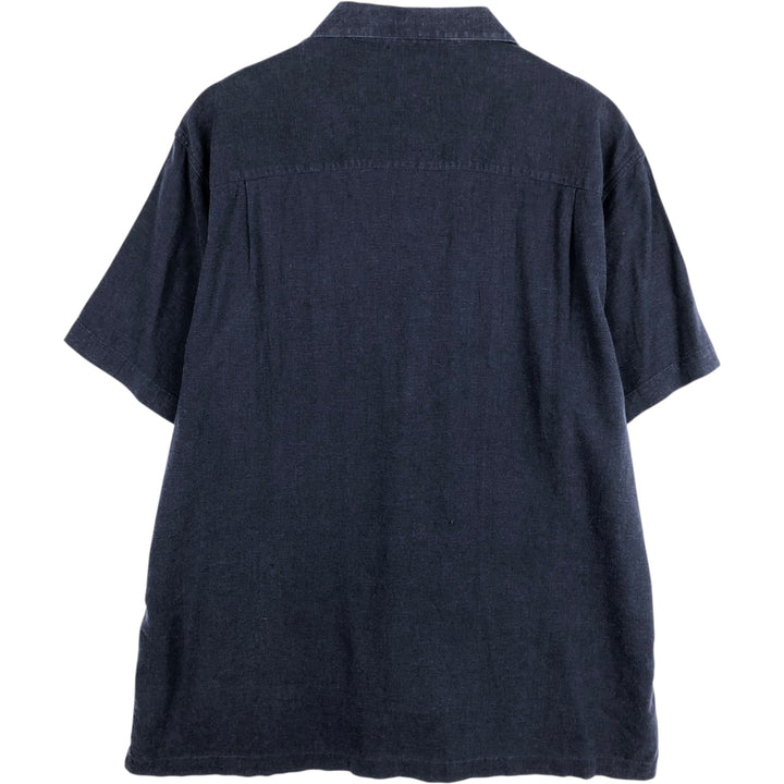 2000s- HAGGAR Two-tone Short-sleeved Open-collar Linen x Rayon Box Shirt, Men's XL equivalent. linen navy blue type Vintage Second Hand