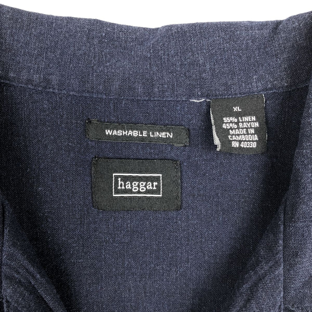 2000s- HAGGAR Two-tone Short-sleeved Open-collar Linen x Rayon Box Shirt, Men's XL equivalent. linen navy blue type Vintage Second Hand