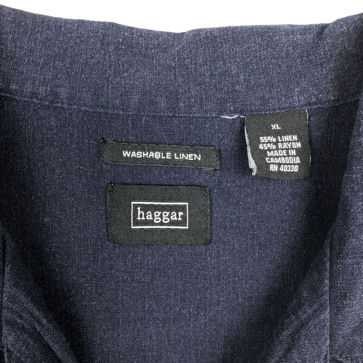 2000s- HAGGAR Two-tone Short-sleeved Open-collar Linen x Rayon Box Shirt, Men's XL equivalent. linen navy blue type Vintage Second Hand