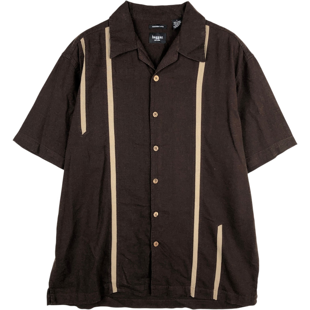 2000s- HAGGAR Two-tone Short-Sleeve Open-Collar Linen Shirt, Boxy Fit, Men's Size L linen brown type Vintage Second Hand