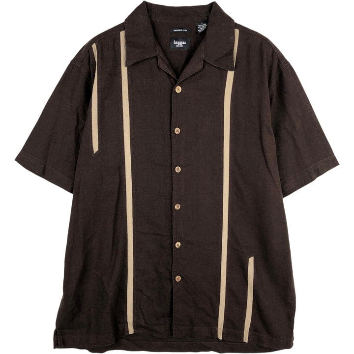 2000s- HAGGAR Two-tone Short-Sleeve Open-Collar Linen Shirt, Boxy Fit, Men's Size L linen brown type Vintage Second Hand