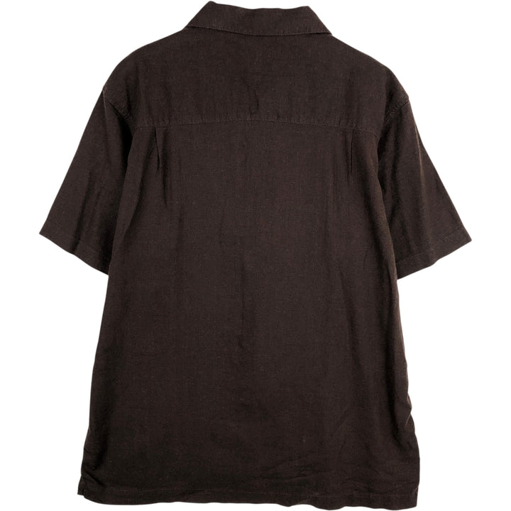 2000s- HAGGAR Two-tone Short-Sleeve Open-Collar Linen Shirt, Boxy Fit, Men's Size L linen brown type Vintage Second Hand