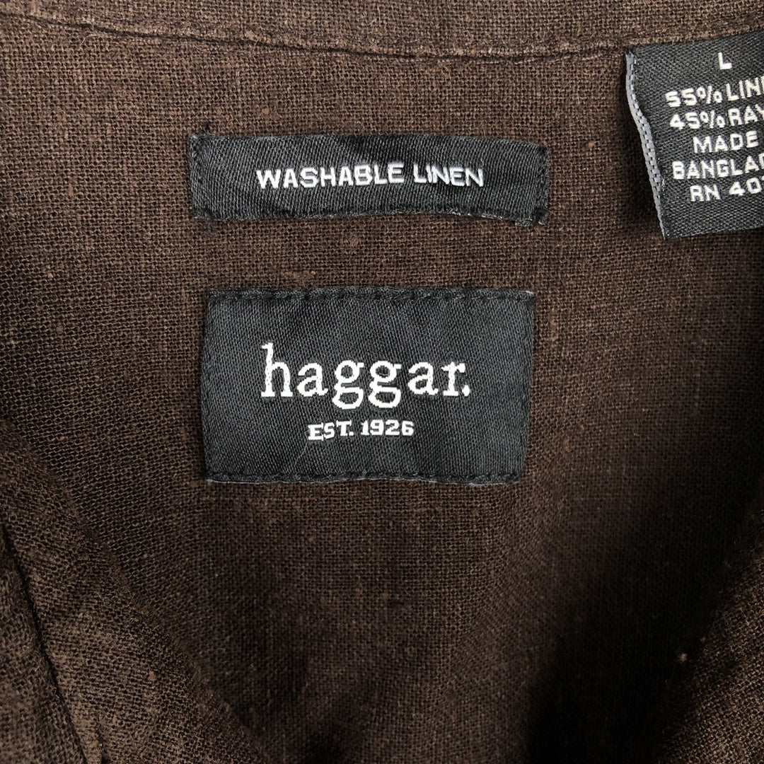 2000s- HAGGAR Two-tone Short-Sleeve Open-Collar Linen Shirt, Boxy Fit, Men's Size L linen brown type Vintage Second Hand