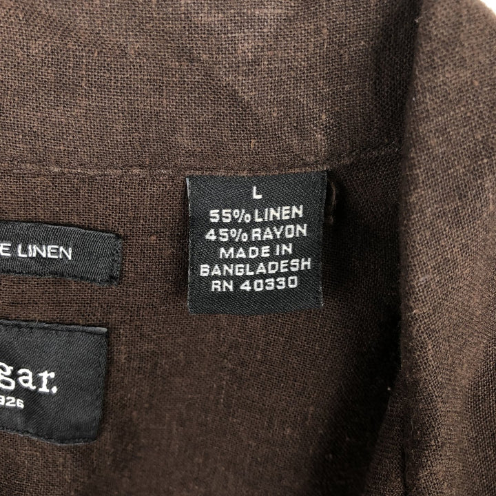 2000s- HAGGAR Two-tone Short-Sleeve Open-Collar Linen Shirt, Boxy Fit, Men's Size L linen brown type Vintage Second Hand