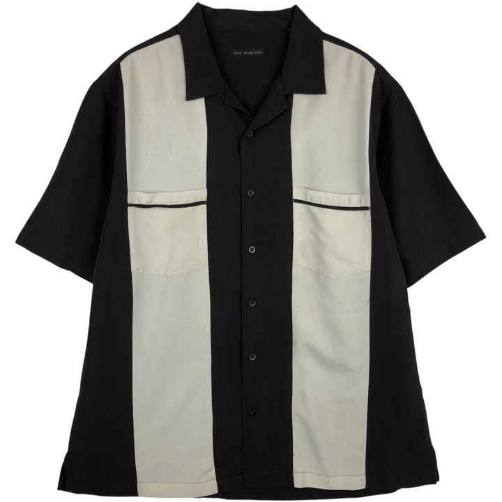 VIA EUROPA Two-tone Short-Sleeve Open-Collar Rayon Shirt, Boxy Fit, Men's Size L (approx.) Rayon black type Vintage Second Hand