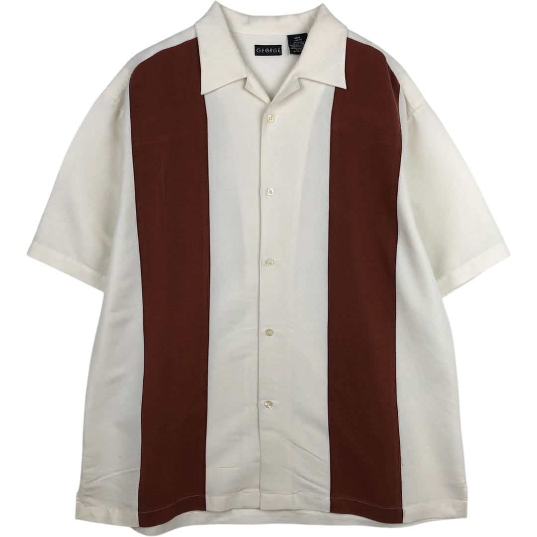 George Short-Sleeve Open-Collar Two-Tone Rayon x Polyester Box Shirt (Men's Size L) Rayon white type Vintage Second Hand