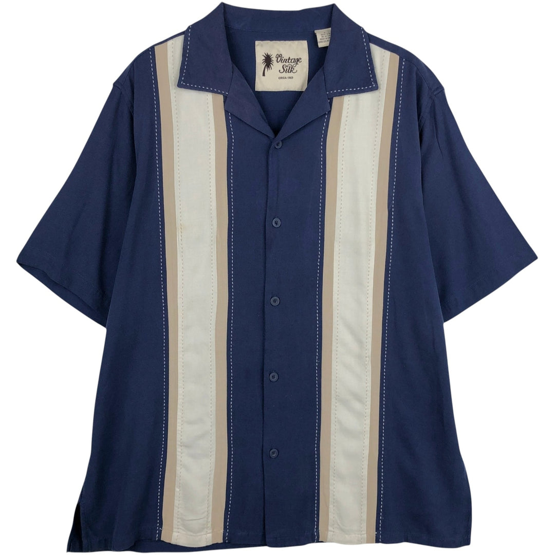 Vintage Silk Two-Tone Short Sleeve Open Collar Silk Shirt, Men's Size L silk blue type Vintage Second Hand