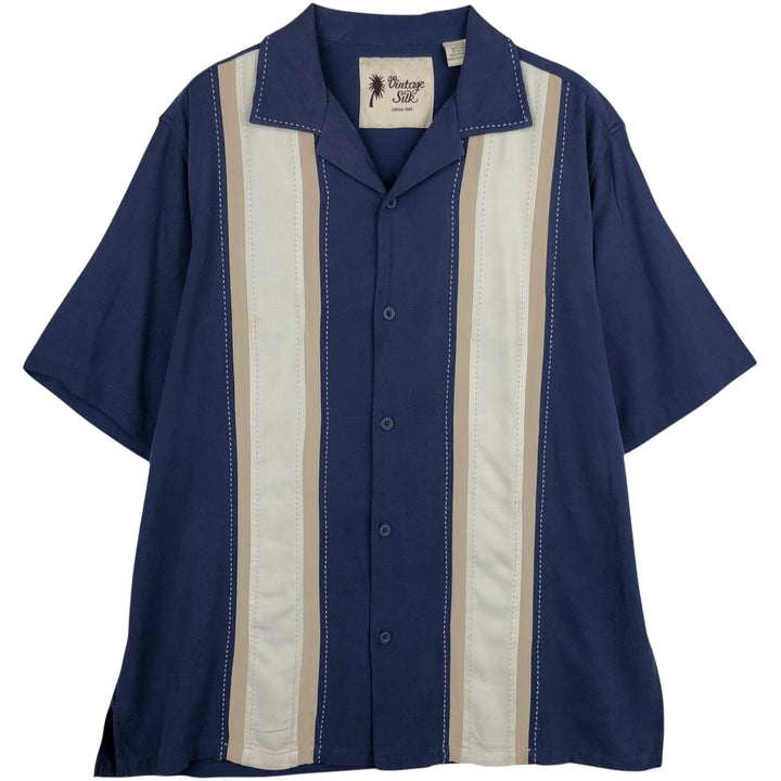 Vintage Silk Two-Tone Short Sleeve Open Collar Silk Shirt, Men's Size L silk blue type Vintage Second Hand