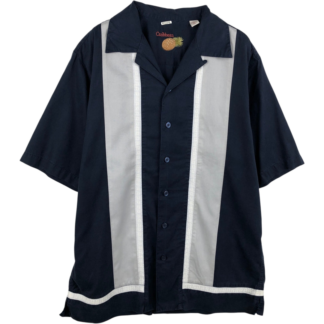 CARIBBEAN Short-Sleeve Open-Collar Mexican Shirt, Cuban Shirt, Boxy Shirt, Men's Size M (approx.) Tencel navy blue type Vintage Second Hand