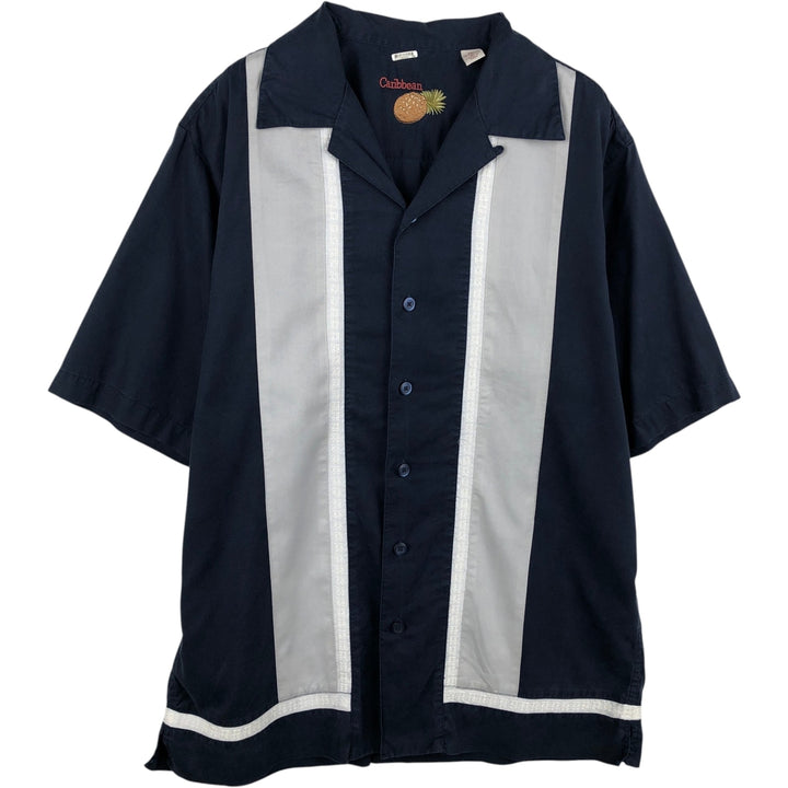 CARIBBEAN Short-Sleeve Open-Collar Mexican Shirt, Cuban Shirt, Boxy Shirt, Men's Size M (approx.) Tencel navy blue type Vintage Second Hand