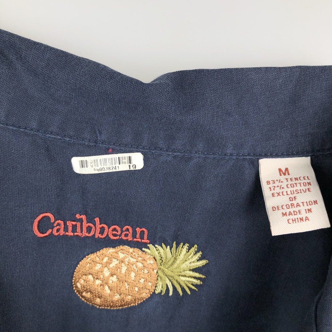CARIBBEAN Short-Sleeve Open-Collar Mexican Shirt, Cuban Shirt, Boxy Shirt, Men's Size M (approx.) Tencel navy blue type Vintage Second Hand