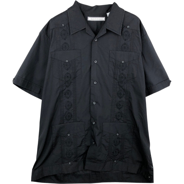 MONTE CARLO Short Sleeve Open Collar Mexican Shirt Cuban Shirt Box Shirt Men's L Size polyester black type Vintage Second Hand