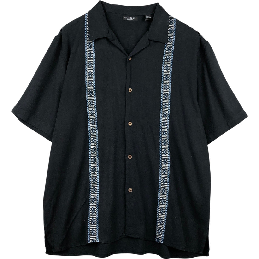 SILK ICON Herringbone Short-Sleeve Open-Collar Mexican Shirt Cuban Shirt Box Shirt Men's XL Equivalent silk black type Vintage Second Hand