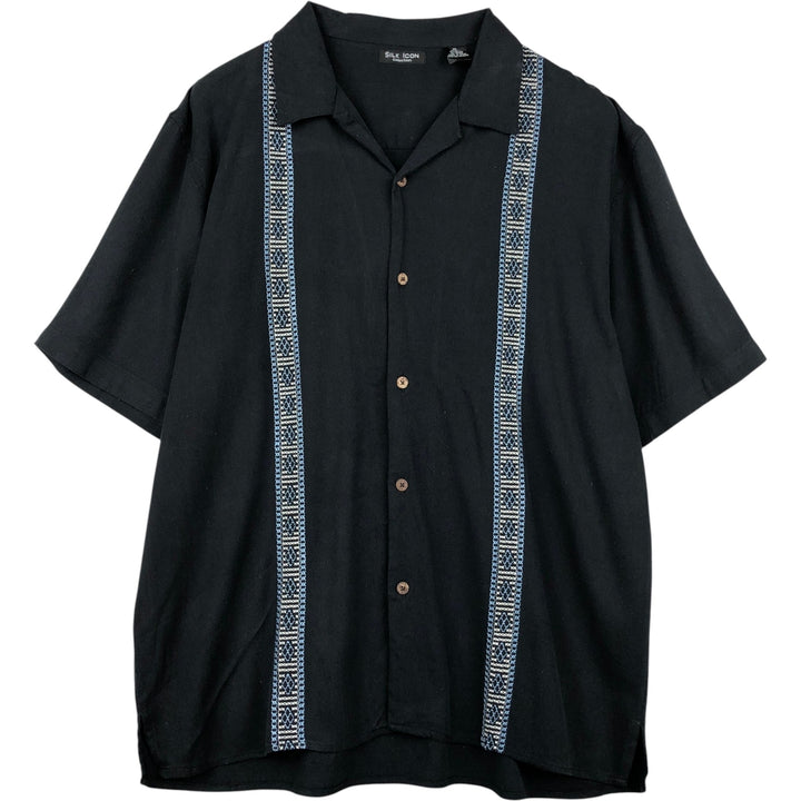 SILK ICON Herringbone Short-Sleeve Open-Collar Mexican Shirt Cuban Shirt Box Shirt Men's XL Equivalent silk black type Vintage Second Hand