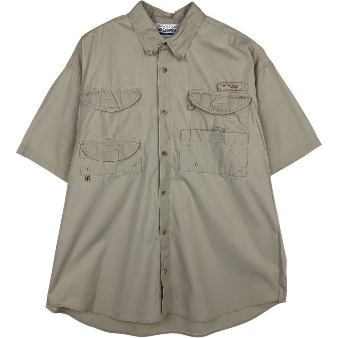 2000'S Columbia PFG Hidden Button-Down Short-Sleeve Fishing Shirt, Men's Size L (approx.) cotton Beige type Vintage Second Hand