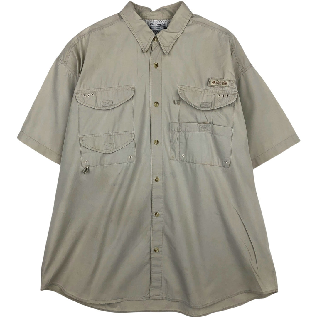 2000'S Columbia short-sleeved fishing shirt with hidden button-down collar, men's size XL equivalent. cotton Beige type Vintage Second Hand