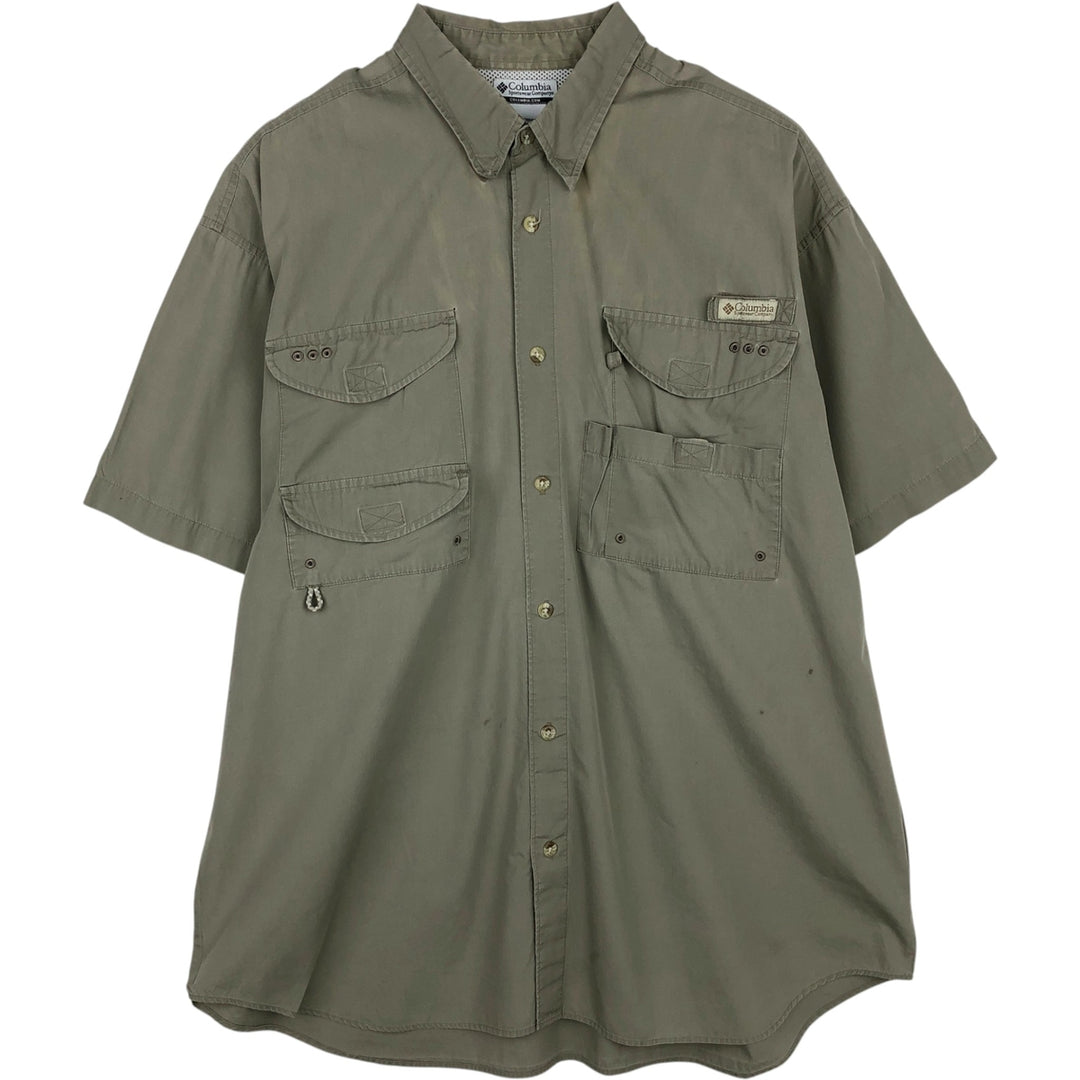 Columbia Men's Short-Sleeve Fishing Shirt with Hidden Button-Down, Size XL (approx.) cotton Khaki type sage green Vintage Second Hand