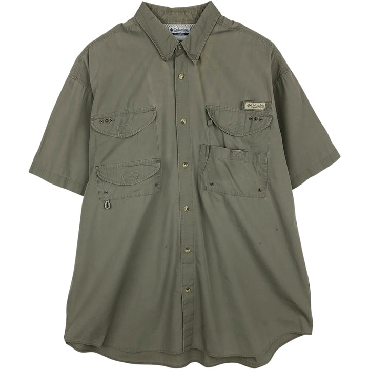 Columbia Men's Short-Sleeve Fishing Shirt with Hidden Button-Down, Size XL (approx.) cotton Khaki type sage green Vintage Second Hand