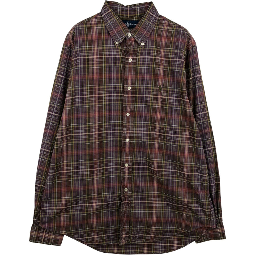 Ralph Lauren CUSTOM FIT long sleeve button down check shirt, men's size L cotton brown type Vintage Second Hand