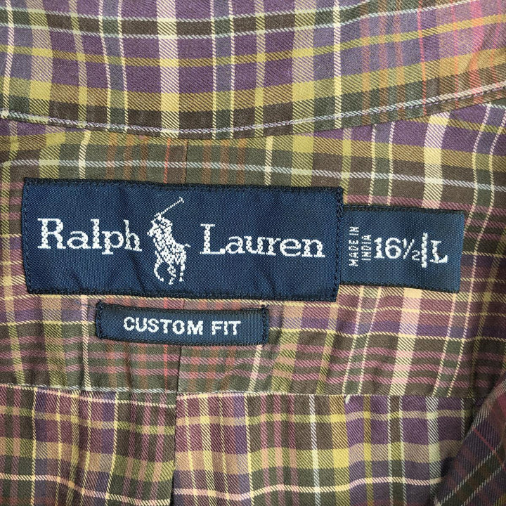 Ralph Lauren CUSTOM FIT long sleeve button down check shirt, men's size L cotton brown type Vintage Second Hand