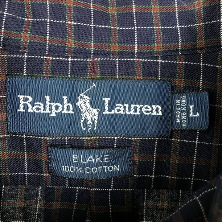 Ralph Lauren BLAKE long sleeve button down check shirt, men's size L cotton navy blue type Vintage Second Hand