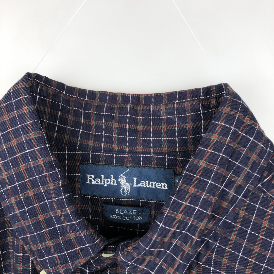 Ralph Lauren BLAKE long sleeve button down check shirt, men's size L cotton navy blue type Vintage Second Hand