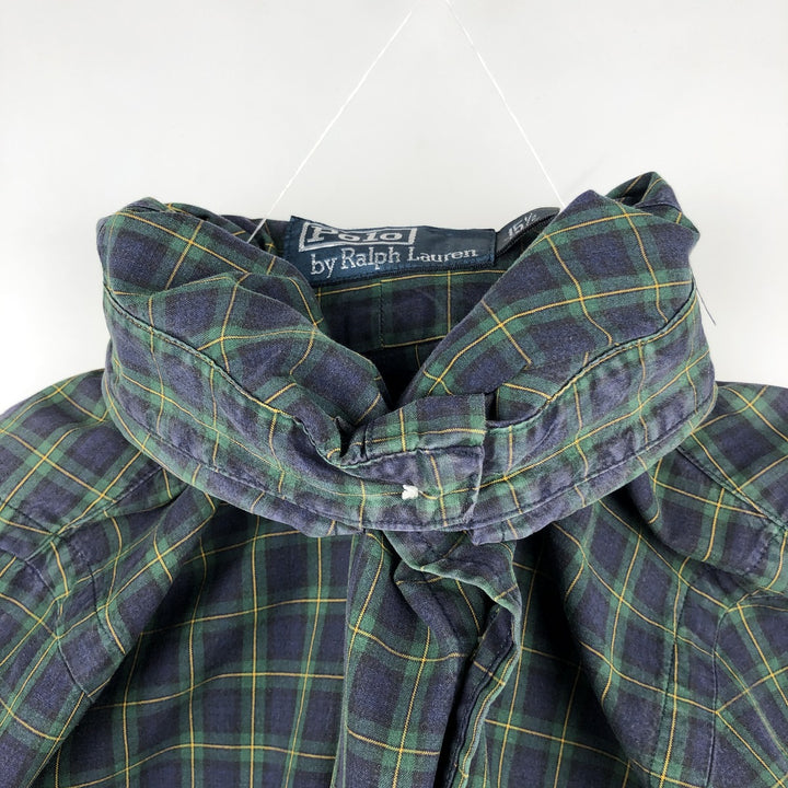 Ralph Lauren POLO by Ralph Lauren long-sleeved button-down check shirt, men's size M cotton navy blue type Vintage Second Hand