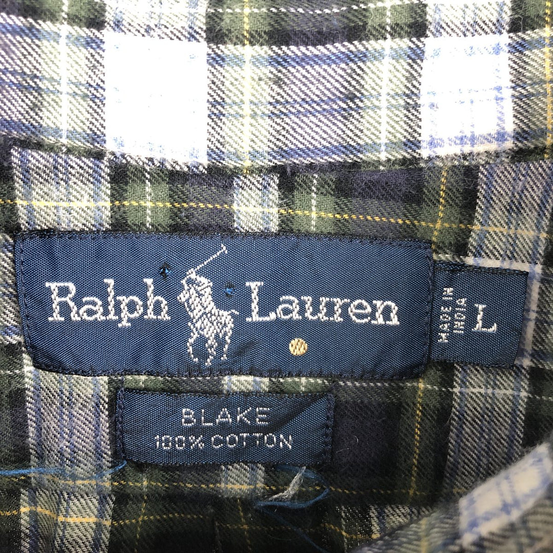 Ralph Lauren BLAKE long sleeve button down check shirt, men's size L cotton navy blue type Vintage Second Hand