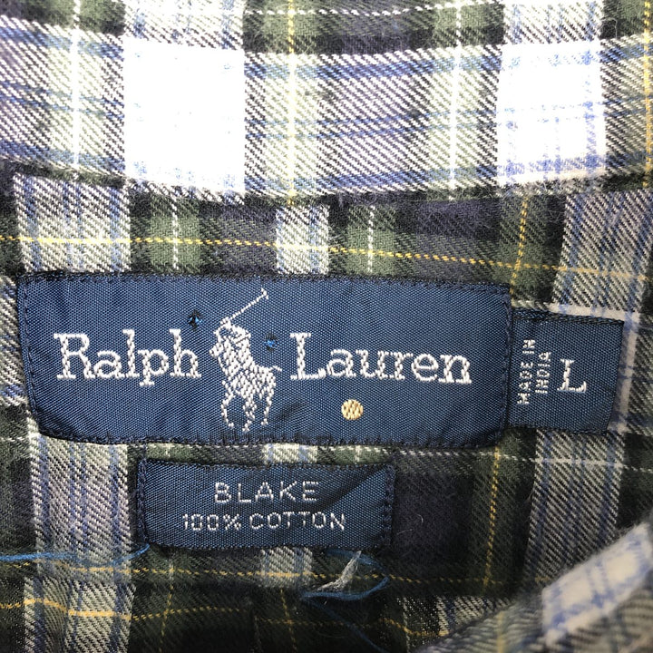 Ralph Lauren BLAKE long sleeve button down check shirt, men's size L cotton navy blue type Vintage Second Hand