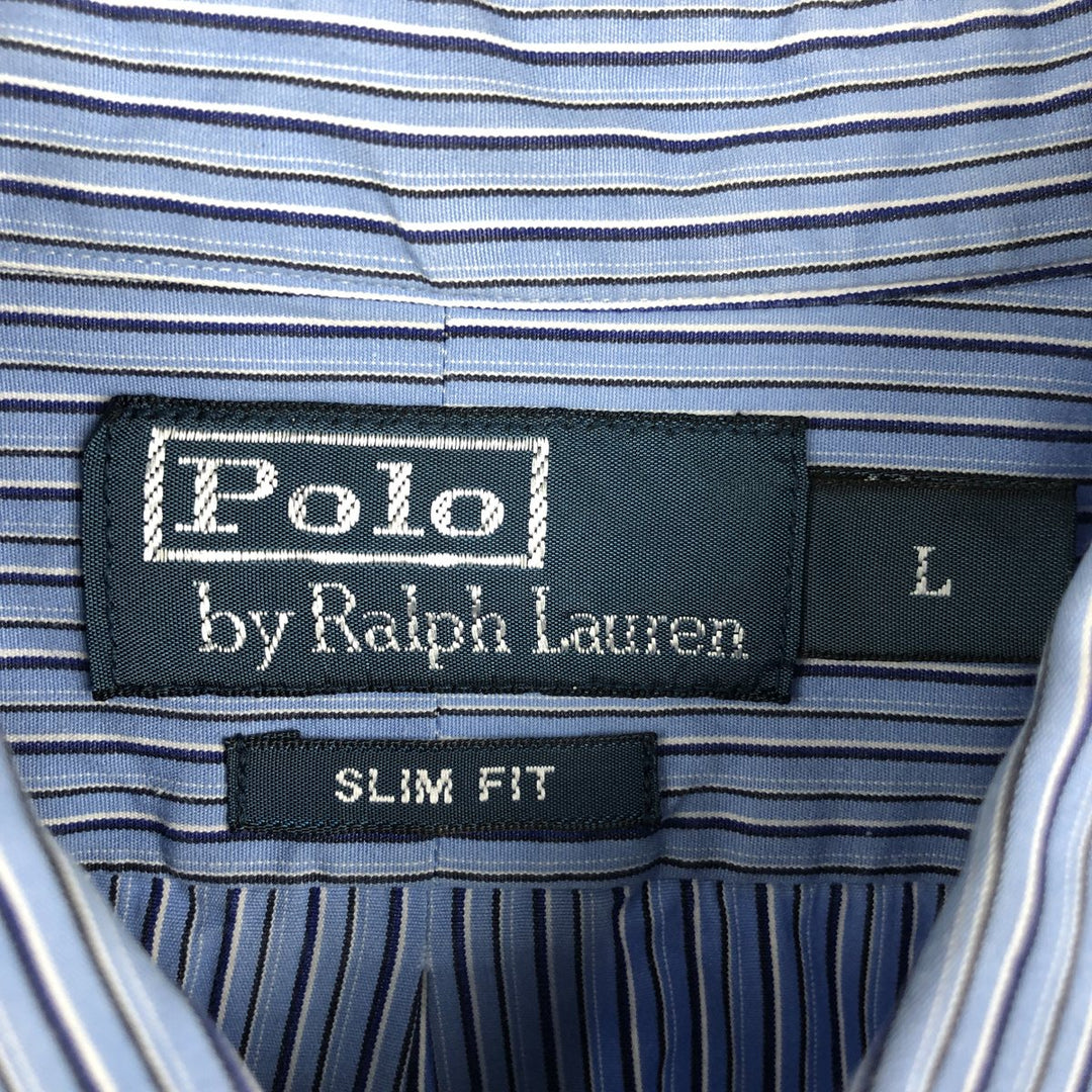 Ralph Lauren POLO by Ralph Lauren SLIM FIT Multi-stripe Long-Sleeve Button-Down Stripe Shirt (Men's Size L equivalent) cotton Blue type light blue Vintage Second Hand